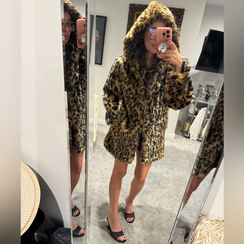 Lanshifei Leopard Print Teddy Faux Fur Long Jacket Winter Coat w Hood & Pockets